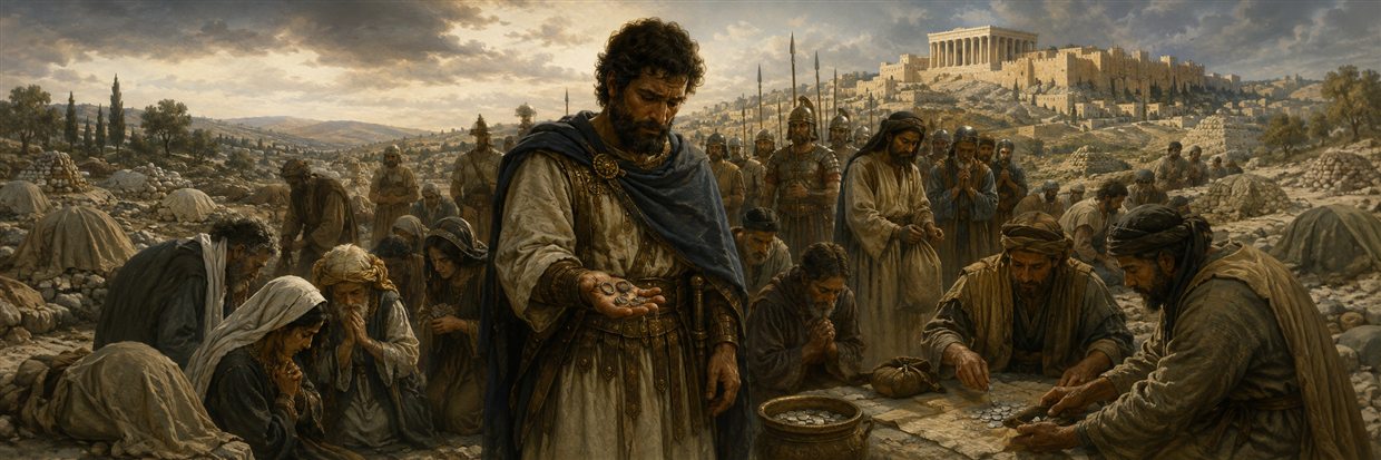 Judas examines hidden pagan amulets as his grieving community prays and prepares an offering for Jerusalem